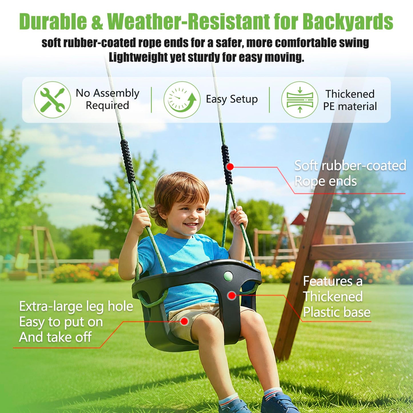 Dakzou Jungle Gym High Back Full Bucket Toddler Swing Seat Upgraded Heavy Duty with Finger Grip Chain Fully Assembled Swing Set Accessory，Black