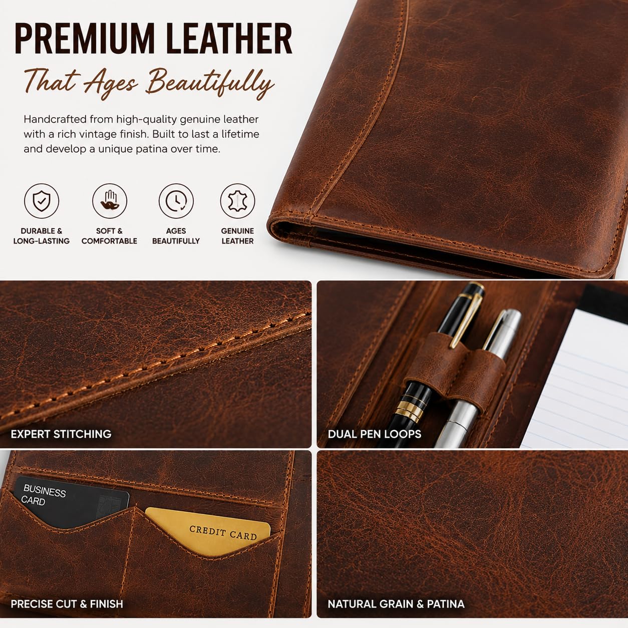 Leathervine Compact Leather Portfolio with Clipboard | Legal Pad | Card Holders | File Pocket | Pen Loop | Premium Organizer for Meetings | Work | Interviews | Graduation Gifts