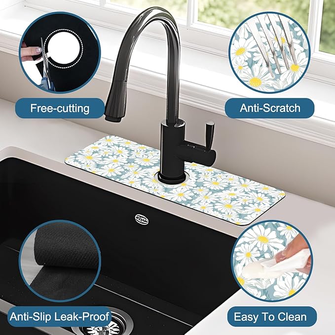 White Flower Sink Splash Guard Cute Chamomile Faucet Absorbing Mat Fast Drying
