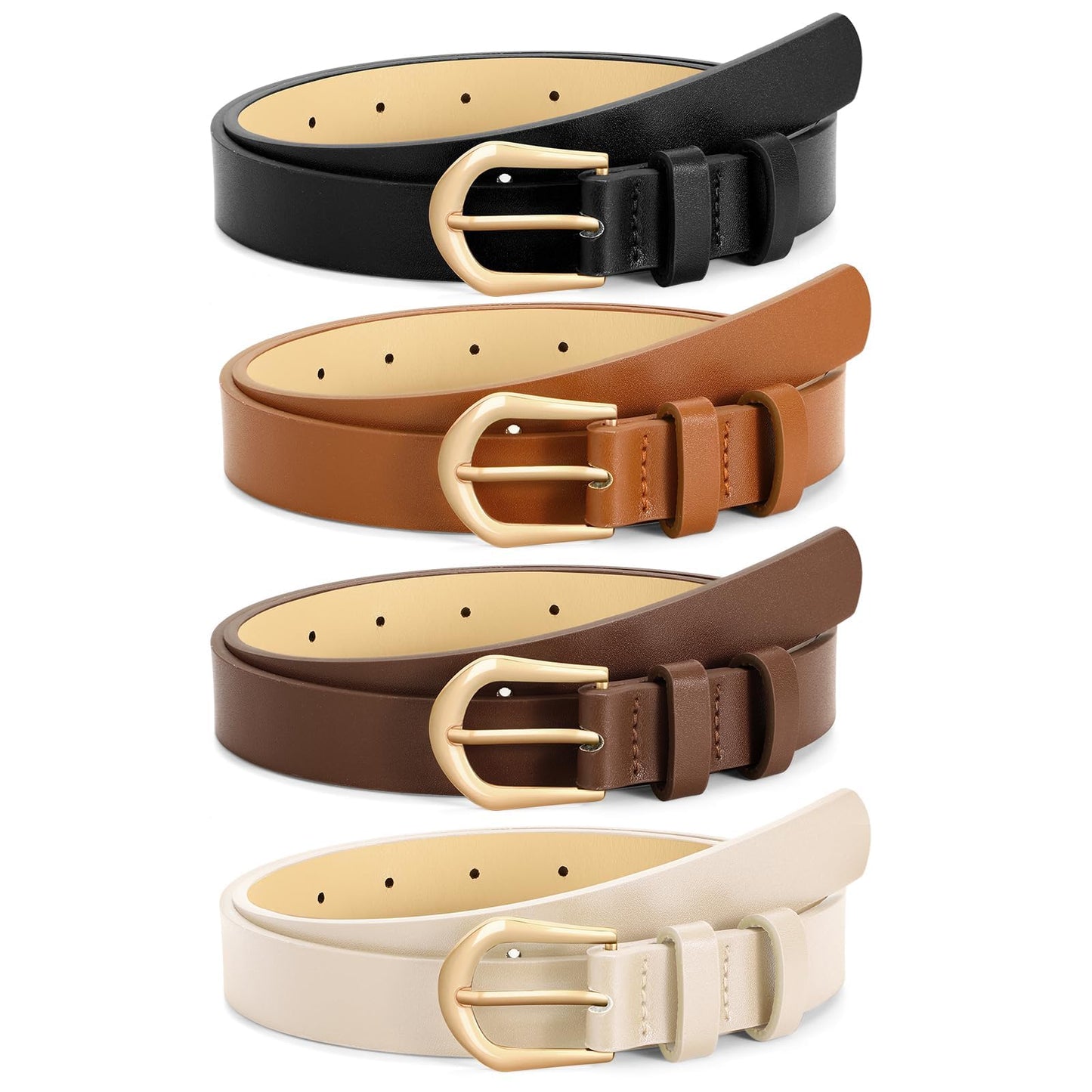 VONMELLI 4 Packs Thin Belts for Women Jeans Dress Fashion Womens Skinny Leather Belt Ladies Belt with Gold Buckle, Black Brown Coffee Beige, XXS