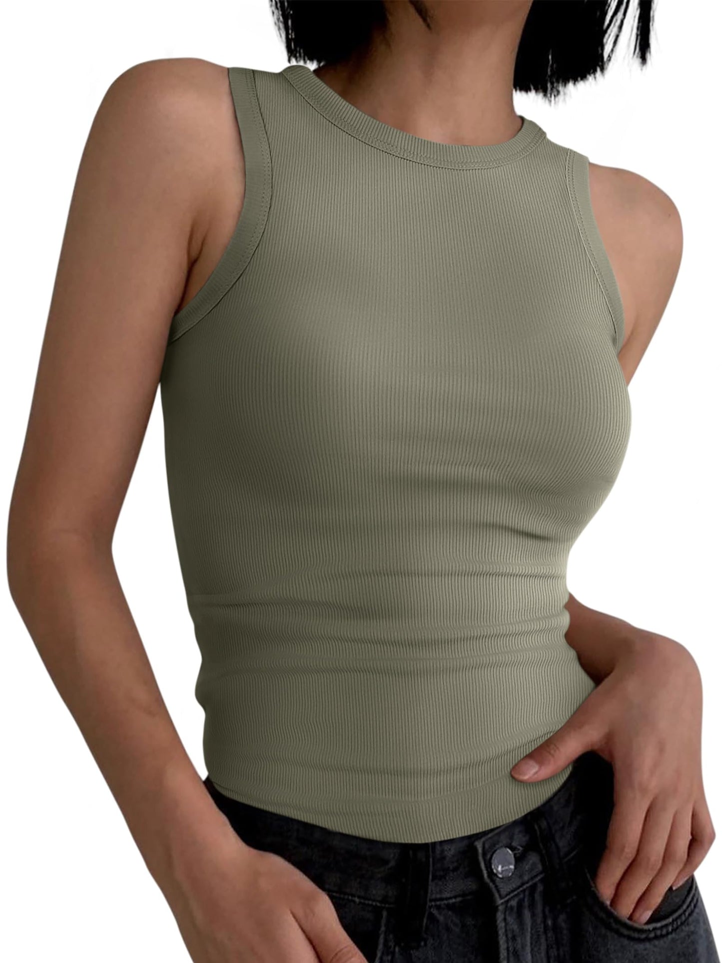 ANRABESS Womens Sleeveless High Neck Tank Tops Fashion Summer Casual Basic Slim Fit Ribbed Racerback Top Shirt Clothes Olive-L