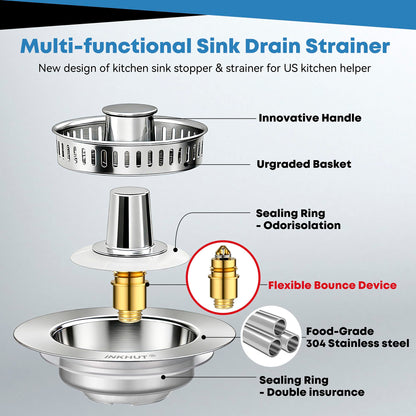 Upgraded 3 in 1 Kitchen Sink Drain Strainer - Stainless Steel Sink Stopper, Anti-Clogging Food Catcher Basket, Sink Bounce Core Drain Strainer Plug for US Standard 3 1/2 inch Drain (Mirror Silver)