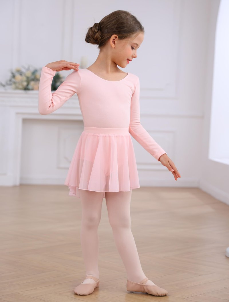 Mecceos Ballet Leotards with Skirt Tights Combo for Toddler Girls Dance Long Sleeve Leotard Ballerina Dresses Outfits (Ballet Pink, 8-10 Years, MEAM-322)