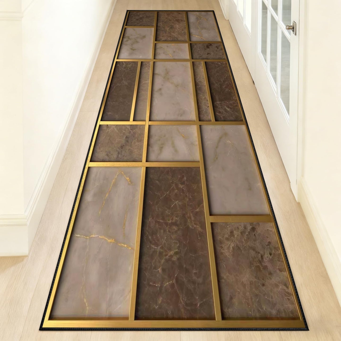 Abstract Brown Runner Rugs 2x10ft, Mid Century Rug for Hallways Gold Brown Geometry Runner Rugs Non Slip Kitchen Mats - Exciting Abstract Decorative Carpet