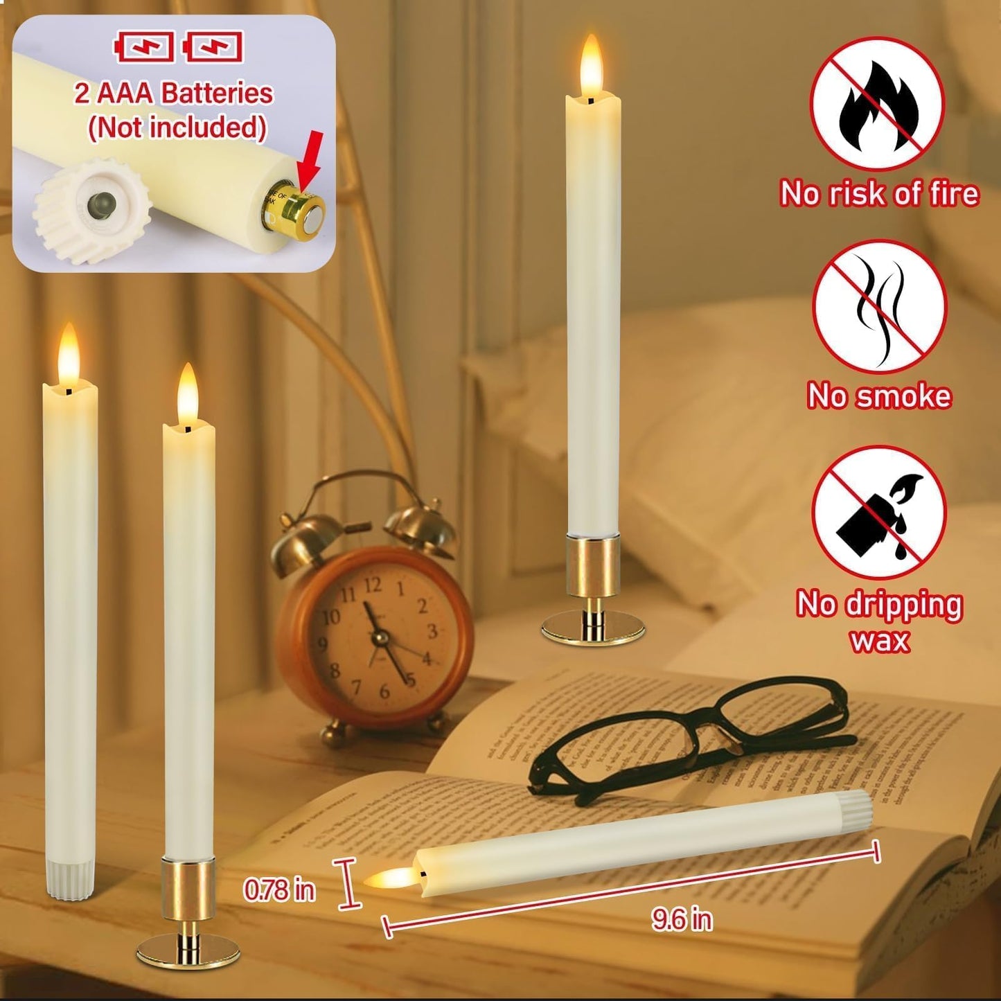HINZER 6 Pcs Flameless Taper Candles with Remote & Timer 9.6 inch Real Wax Battery Operated LED Warm 3D Wick Flickering Window Candles for Halloween Christmas Wedding Decor, Ivory