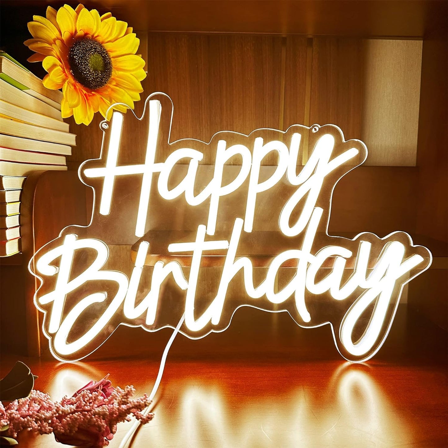 Neon Sign Happy Birthday Wall Decor Night Light for Bedroom Bar Cafe Anniversary Party Banquet Rave Home Decor Backdrop Dimmable Reusable USB Powered 5V Size 17 * 10 * 0.39 Inches (Warm White)