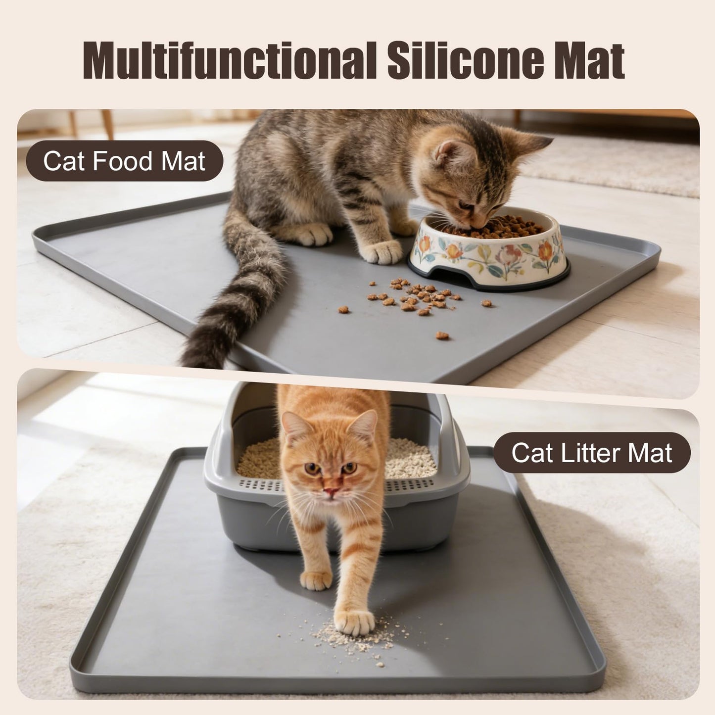Silicone Cat Litter Mat 24x20 in Waterproof Litter Box Mat Leak-Proof Thick Under Kitty Litter Box Feeding Tray with Raised Edges for Floor Carpet, Grey