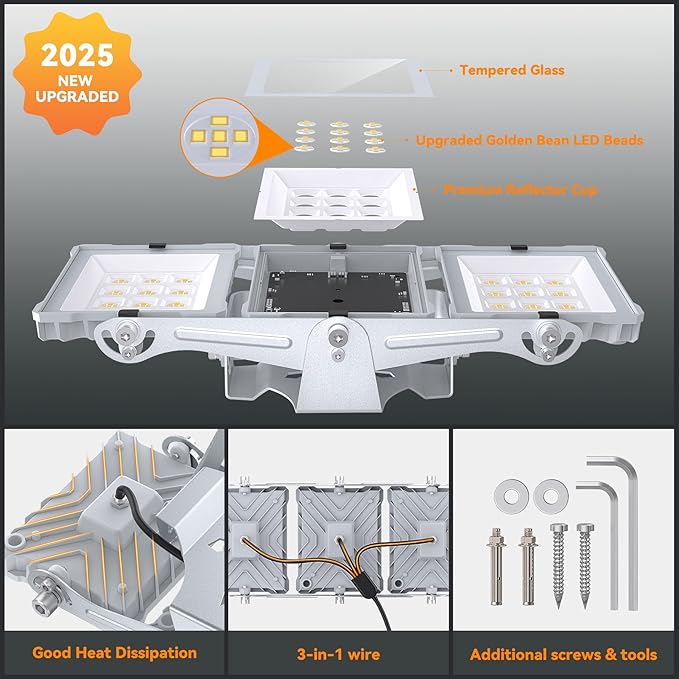 750W 2025 Plus New Upgraded LED Flood Light Outdoor, 75000LM Super Bright Stadium Lights, 6000K Daylight White, IP66 Waterproof, 3 Heads Adjustable Outdoor Floodlight for Yards, Arena, Garden