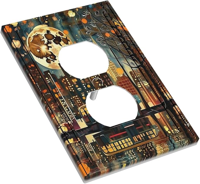 City Light Moon Bus Abstract Art Light Switch Cover 1 Gang Outlet Plate Single Duplex Wall Plate Covers Decorative Switchplate Covers Electrical Faceplate for Home Decor