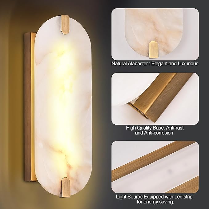 14.17in Alabaster Wall Sconces, Natural Marble Wall Light Set of Two, Modern LED Alabaster Sconces for Living Room Indoor Wall Lamps for Dining Room Stairs Bedroom,Brushed Gold
