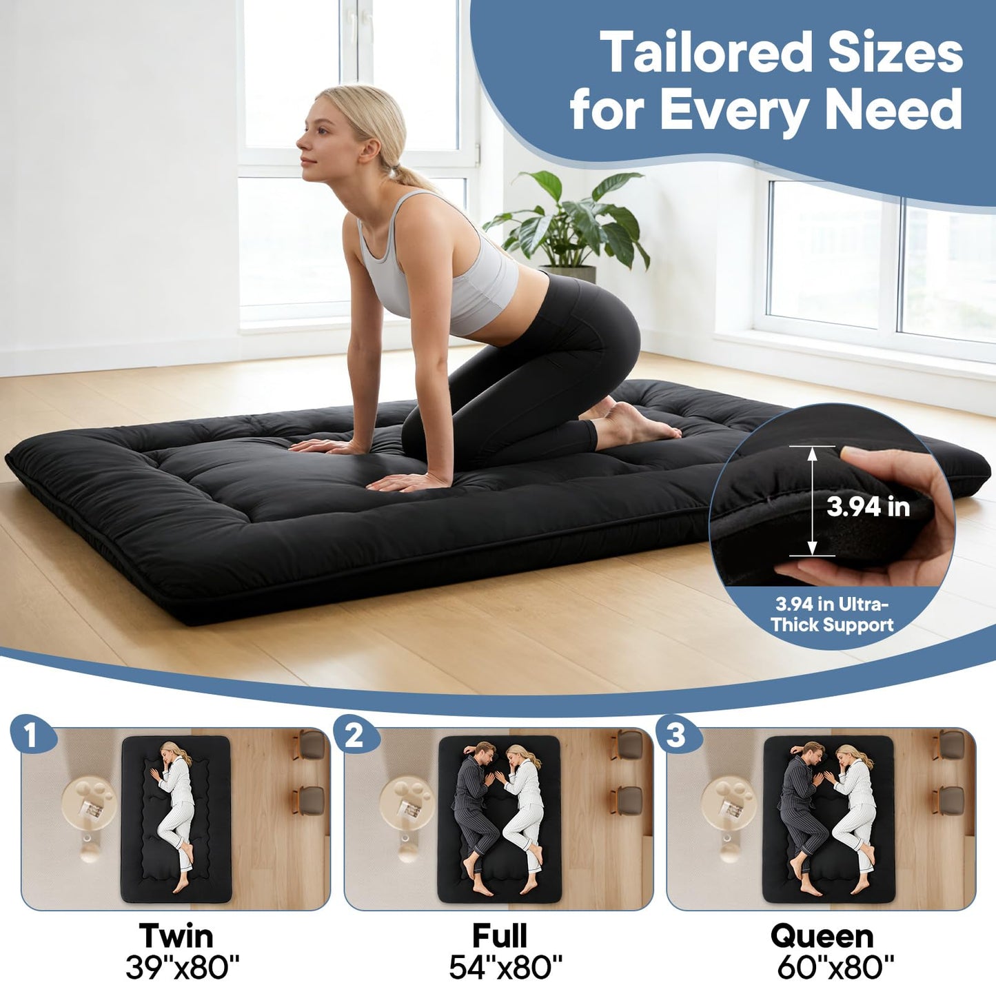 DUMOS Japanese Floor Mattress Queen Size, Futon Mattress Foldable with Removable Washable Cover, Portable Roll Up Tatami Mat for Small Bedroom, Couples, Family Movie Night and Home Use, Black