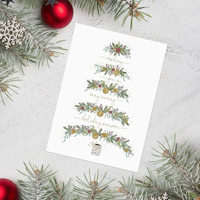Between The Branches Gold Foil Holiday Cards / 16 Boxed Christmas Cards With Foil Lined Envelopes / 5 5/8" x 7 7/8" Folded Seasonal Winter Tree Greeting Cards With Inside Verse