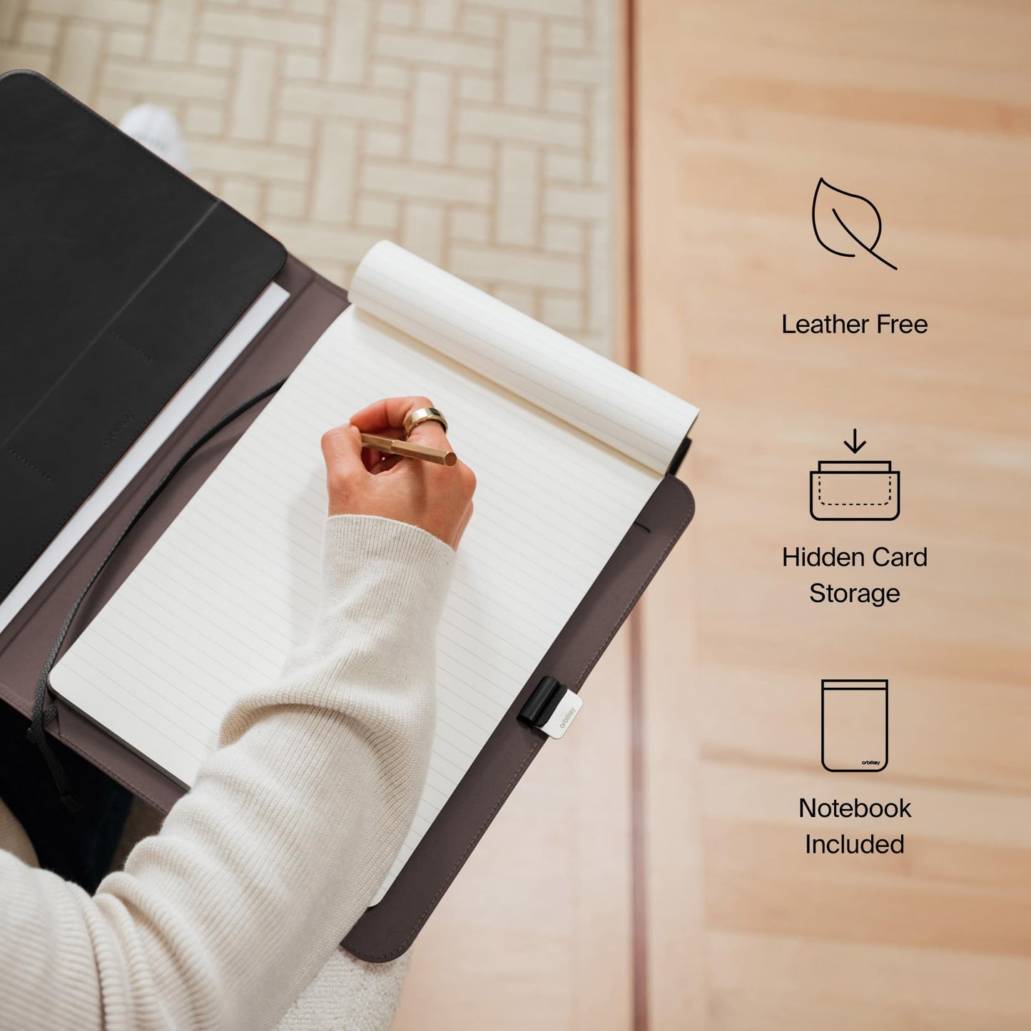 Orbitkey Compendium – Premium Vegan Leather & Recycled Fabric – Leather-Free Notebook Cover - Elastic Cord Closure, Hidden Card Slots & Pen Holder – Professional Organizer & Document Folio (Black, A4) [Office Product]