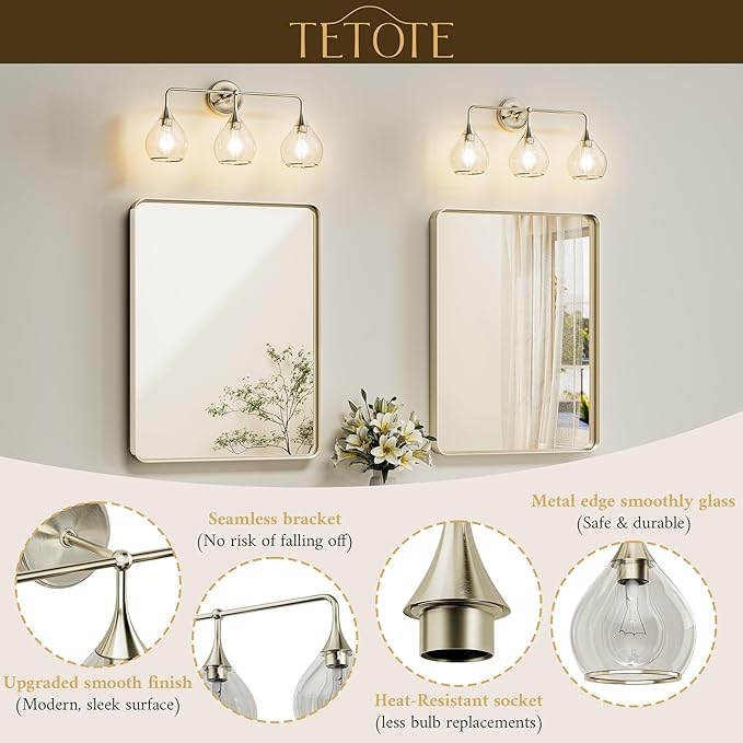 TETOTE 2-Light Modern Bathroom Light Fixtures, 2 Light Vanity Lights Over Mirror Brushed Nickel Wall Lamp with Clear Glass for Bathroom, Mirror, Living Room, Bedroom, Hallway