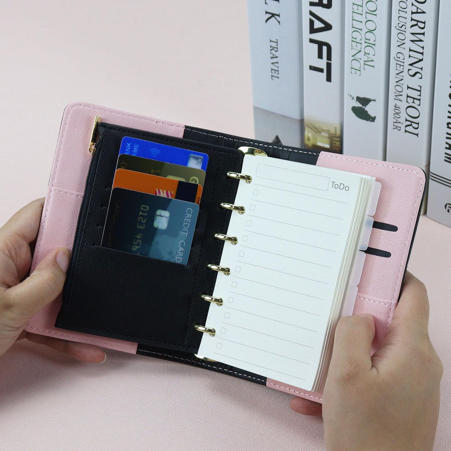 Koqye A7 Refillable Planner Small Binder Notebook 6 Ring, Portable PU Leather Organizer with Zippered Pocket, To-Do & Blank Refill Papers, Dividers, Monthly Sticker, Pen, for Students, Professionals, Travel (Black & Pink)