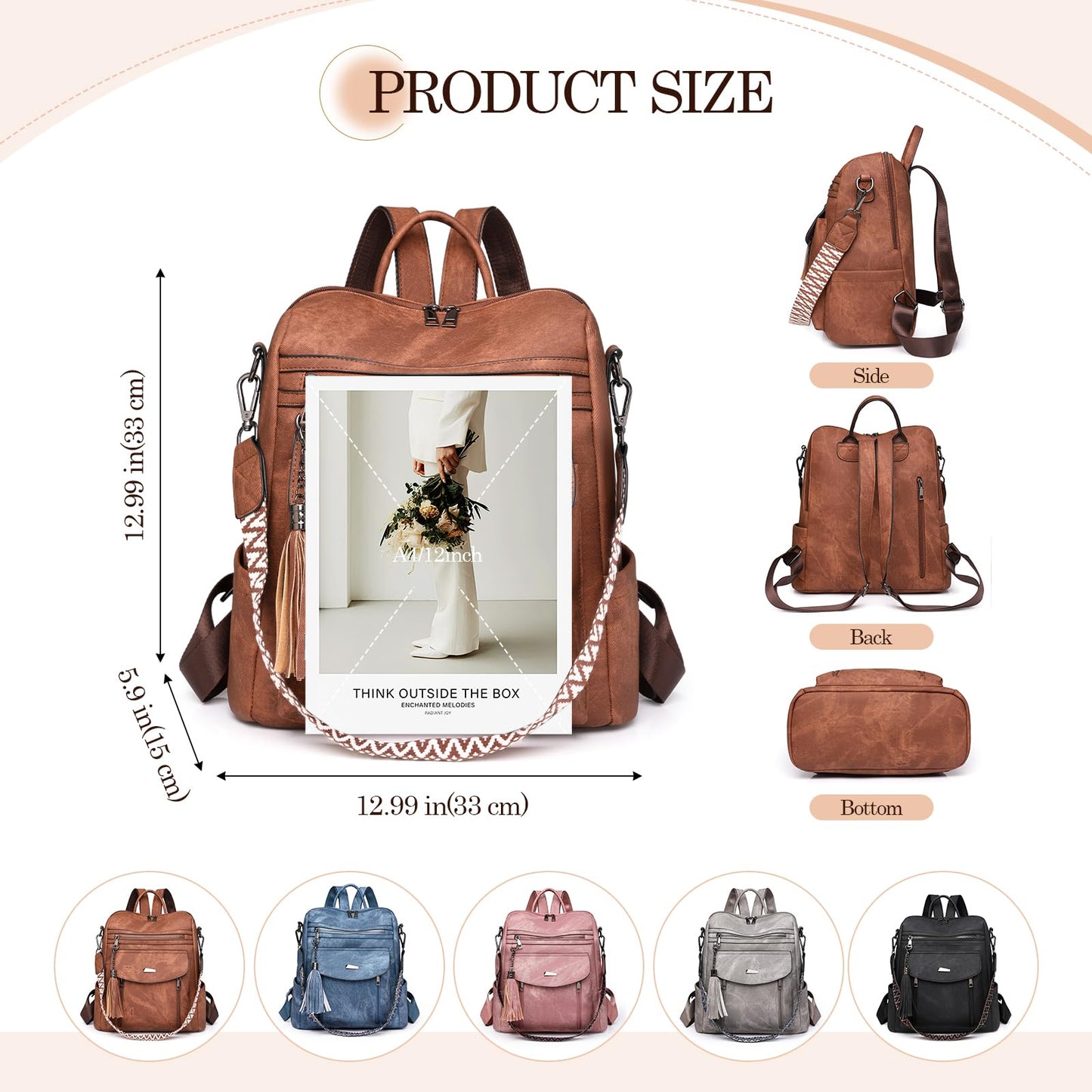 ROOSALANCE Backpack Purse for Women Pu Leather Backpack Fashion Ladies Shoulder Bag Handbags for Travel Daily Use, Brown