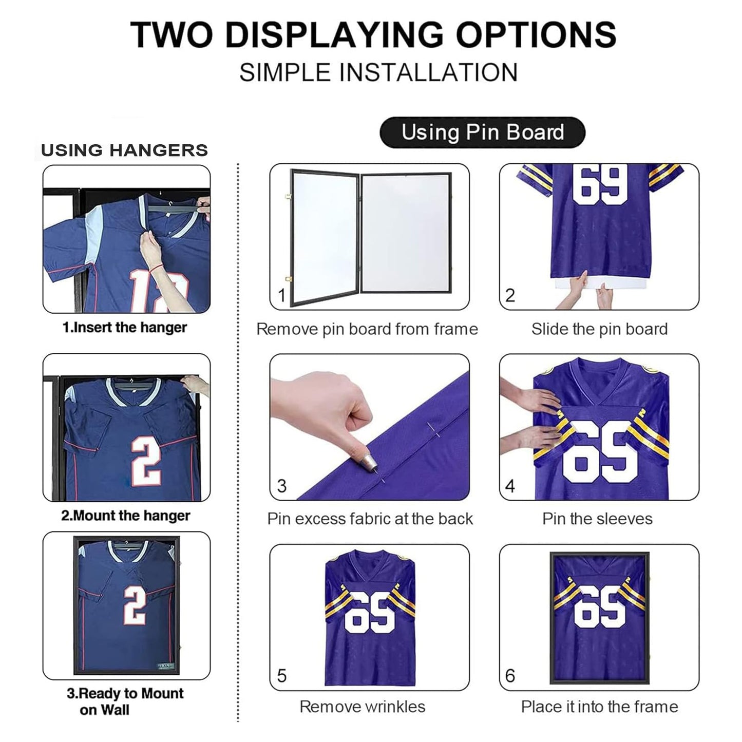 Grintus Jersey Frame Display Case Jersey Display Case Jersey Shadow Box with Uv Protection Acrylic and Hanger for Baseball Basketball Football Soccer Hockey Sport Shirt and Uniform,Black-2 Pack