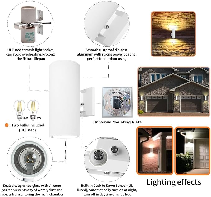 Outdoor Wall Sconce, Exterior Lighting with Dusk to Dawn Sensor - 2 Light Bulbs Included, Aluminum Waterproof Wall Mount Cylinder Design - Up Down Light Fixture for Porch, Garage and Patio