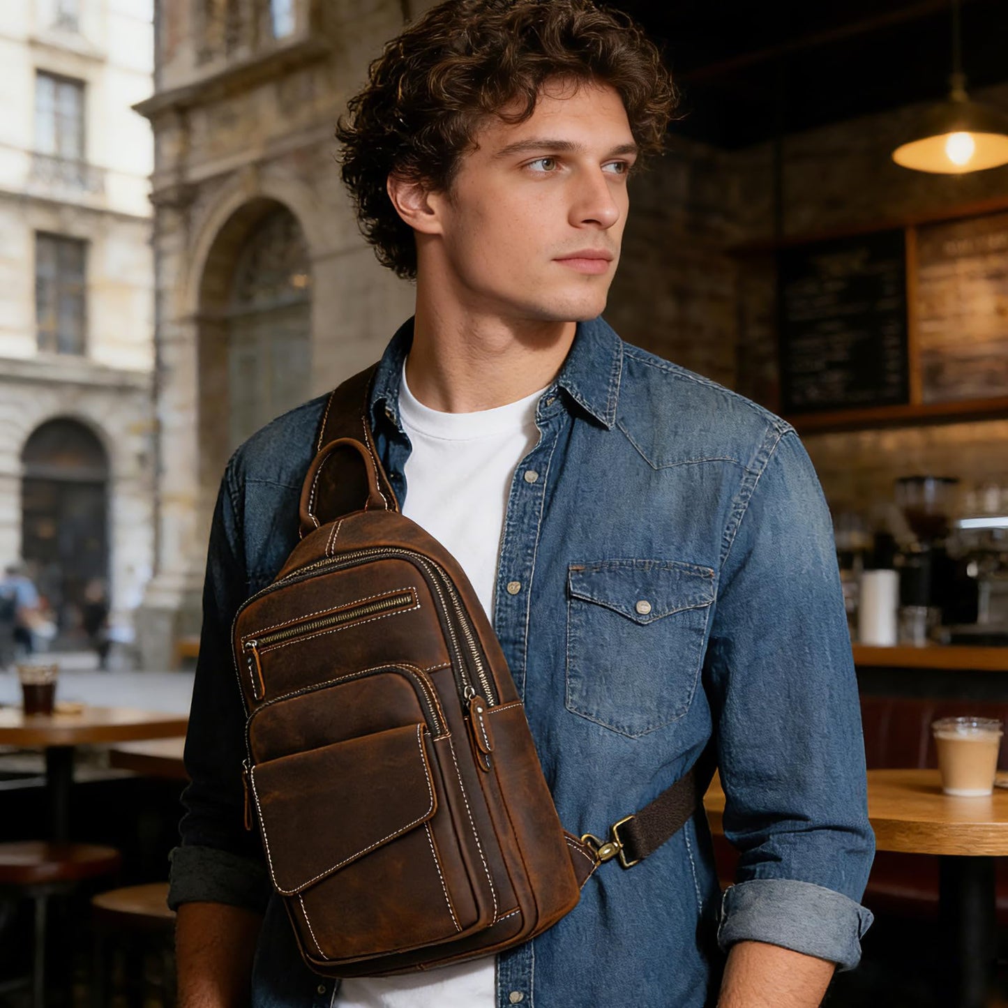 JulBean Leather Men Casual Travel Hiking Crossbody Chest Sling Bag Rig One Shoulder Strap Bag