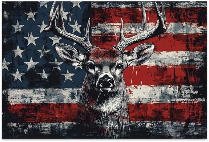Yesad American Flag Deer Canvas Wall Art, Animal Head Rustic Wall Décor Christmas Paintings Pictures Nature Artwork Modern Poster for Farmhouse, Living Room, Bedroom, Office (Unframed,12”x8”,Deer1)