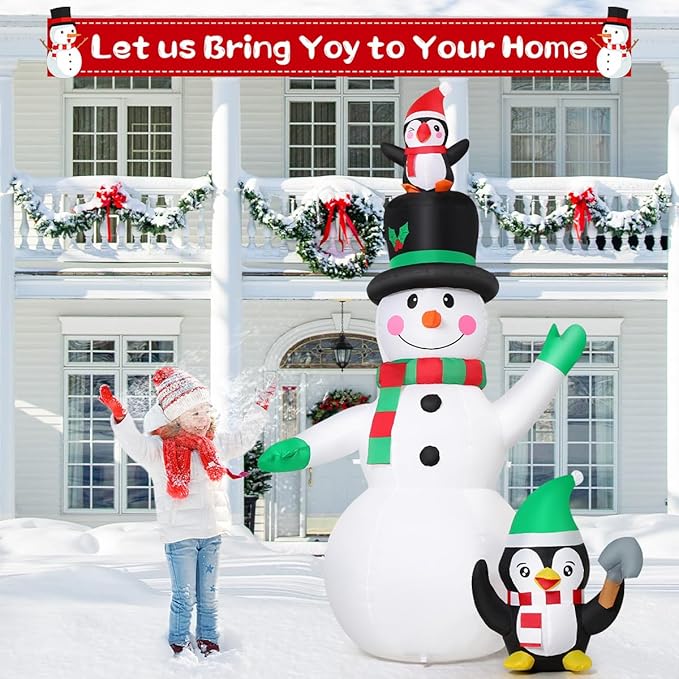GOOSH 7 FT Christmas Inflatables Snowman and Penguin with Built-in Music & 360° Rotation Colorful Projector LED Light, Blow Up Snowman Outdoor Christmas Decoration for Holiday Party Xmas New Year