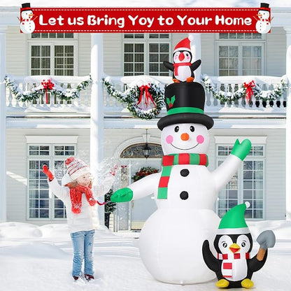 GOOSH 7 FT Christmas Inflatables Snowman and Penguin with Built-in Music & 360° Rotation Colorful Projector LED Light, Blow Up Snowman Outdoor Christmas Decoration for Holiday Party Xmas New Year