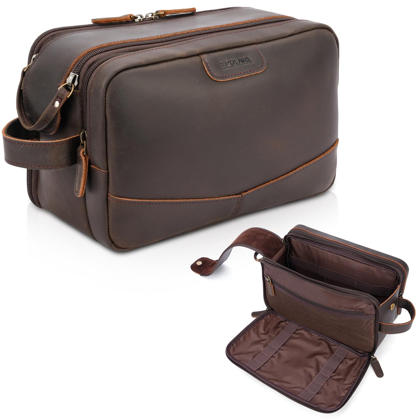 Polare Full Grain Leather Toiletry Bag for Men, Portable Travel Dopp Kit, Large Shaving Kit Organizer Cosmetic Case, Wash Pouch with YKK Zippers