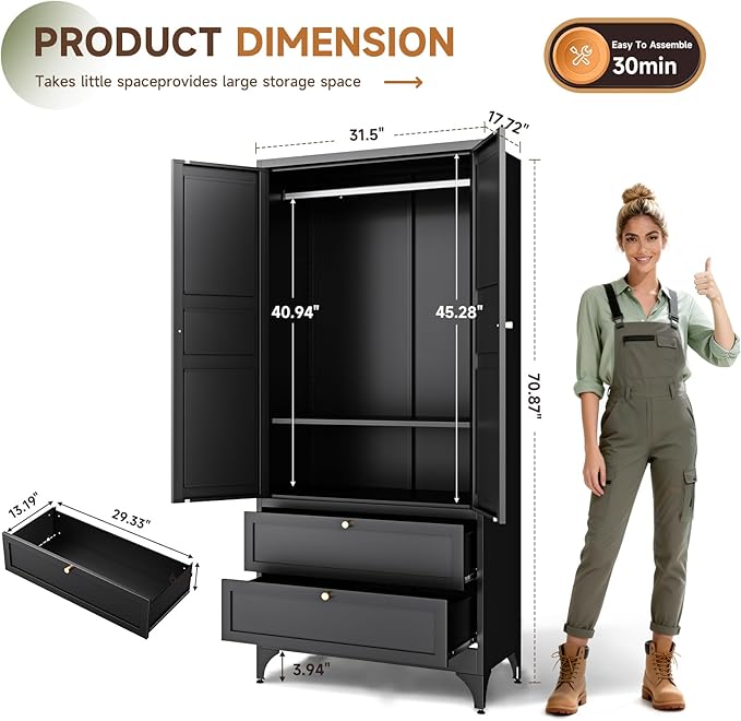 Letaya 71" Metal Wardrobe Cabinets with 2 Drawers,Steel Armoire Wardrobe Closet with Doors and Shelves,Clothing Storage Cabinets with Hanging Rod for Bedroom, Gym, Cloak Room,Black