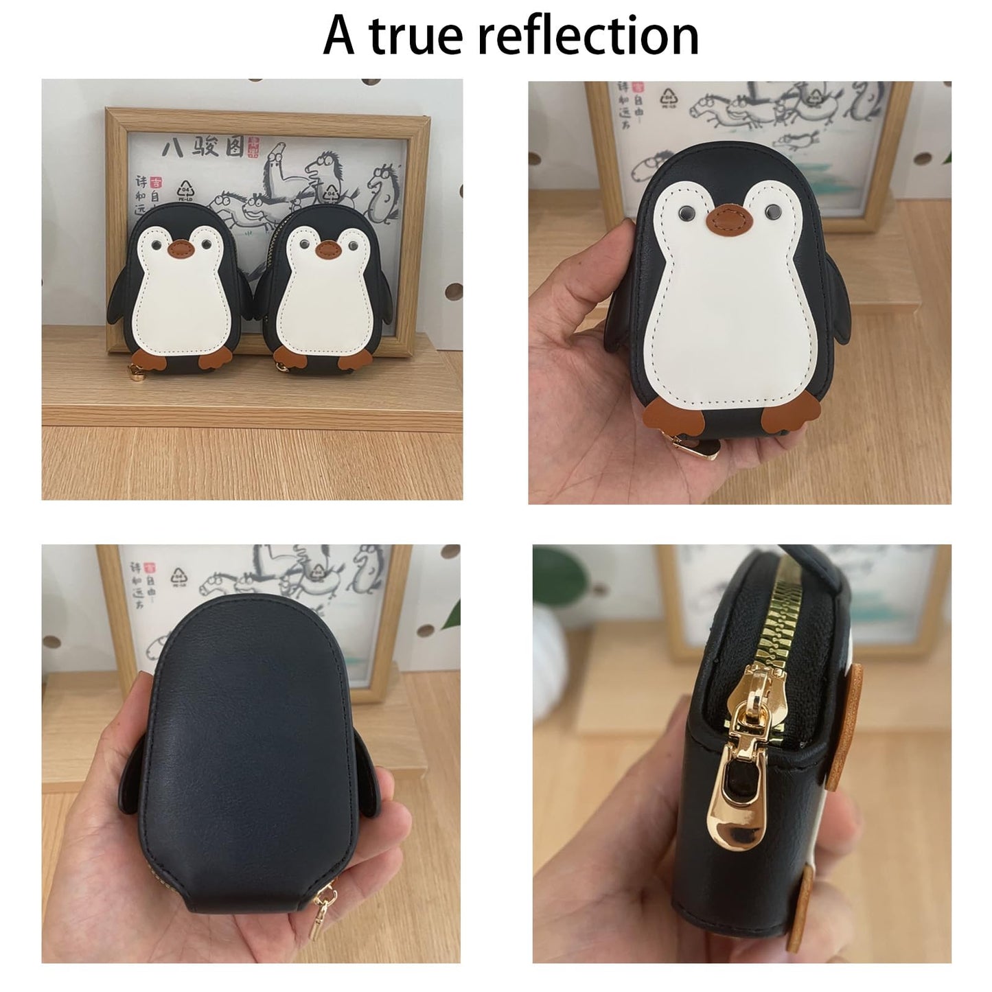 Novel and Interesting Cute Cartoon Penguin-shaped Coin Purse PU Leather Accordion Card Holder Large Capacity Zippered Money and Card Organizer Portable Mini Pocket Coin Purse Key Pouch (black)