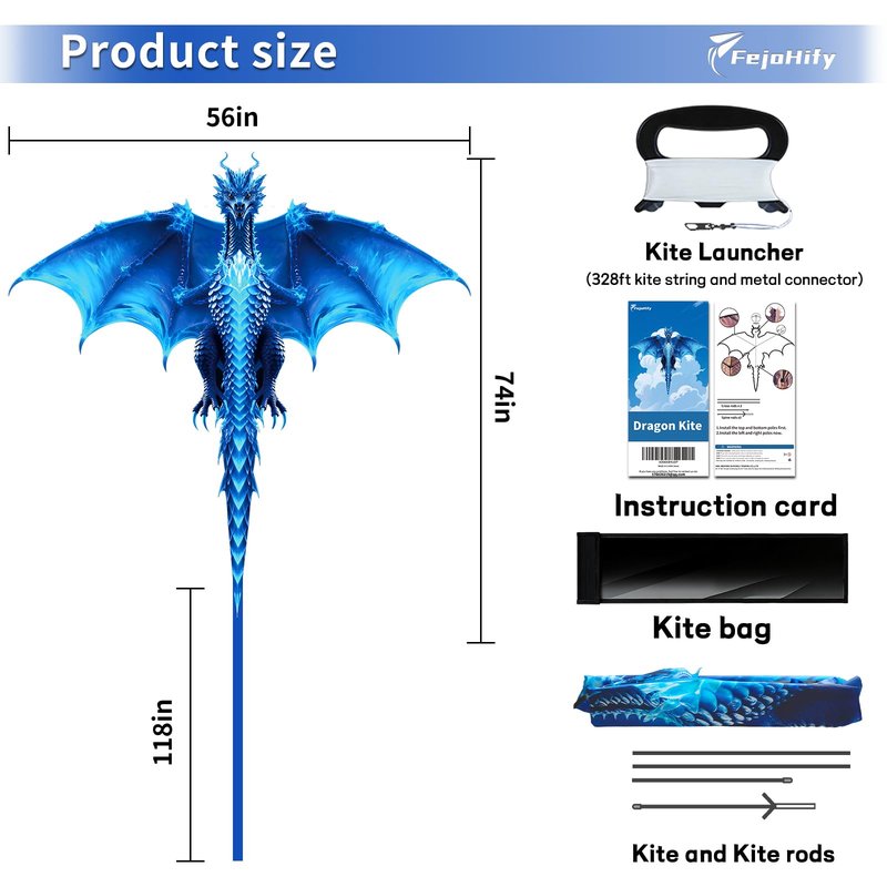 FejoHify Large Dragon Kite for Kids and Adults, Easy to Fly with 300ft String, Perfect for Beach, Park, Outdoor Activities, Gift for Boys Girls (Ice)