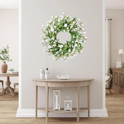 Sggvecsy Spring Summer Wreath for Front Door 22 Inch Artificial White Flower with White Tulips Greenery Leaves Lavender for All Seasons Home Farmhouse Indoor Outdoor Wall Decor