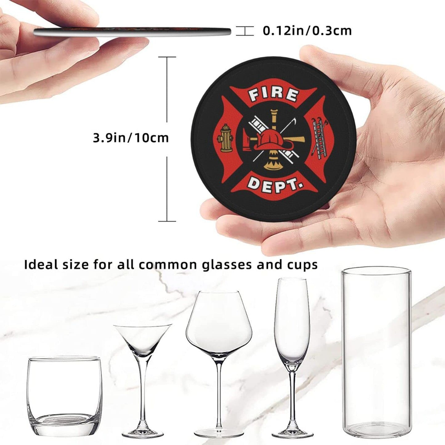 SEPTYK Firefighter Fire DEPT. Logo Rescue Pattern Coasters for Drinks with Holder Set of 6 Leather Round 4" for Home Kitchen Decor Coffee Cup Housewarming