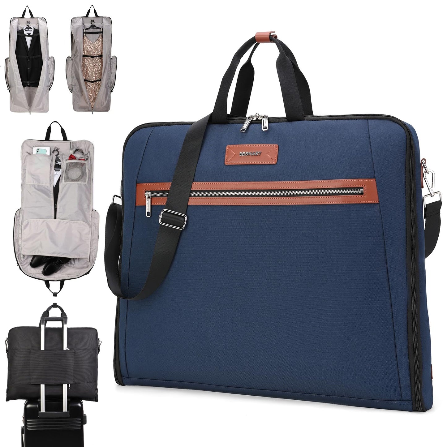 BE SMART Waterproof Foldable Garment Bags for Travel, 51" Large Travel Hanging Bags for Clothes, Carry on Suit Bag with Strap for Men Women, Wrinkle Free Luggage Suit Cover for Business Trips(Blue)
