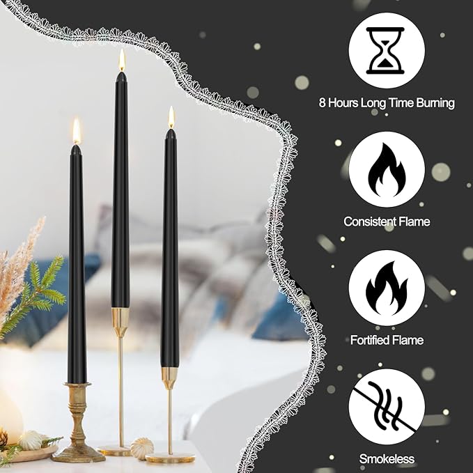 24 Pack Black Taper Candles, 0.85 x 10 Inch Tall, Unscented Smokeless Dripless Dinner Candlesticks for Halloween Home Décor Wedding Party