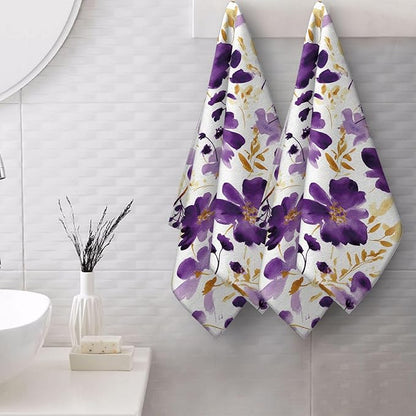 Purple Floral Hand Towels Bathroom Soft Absorbent Purple Flower Decorative Bath Towels Set for Bathroom Gym Spa Home Farmhouse Housewarming Gifts for Women Girls Set of 2, 14"x28"