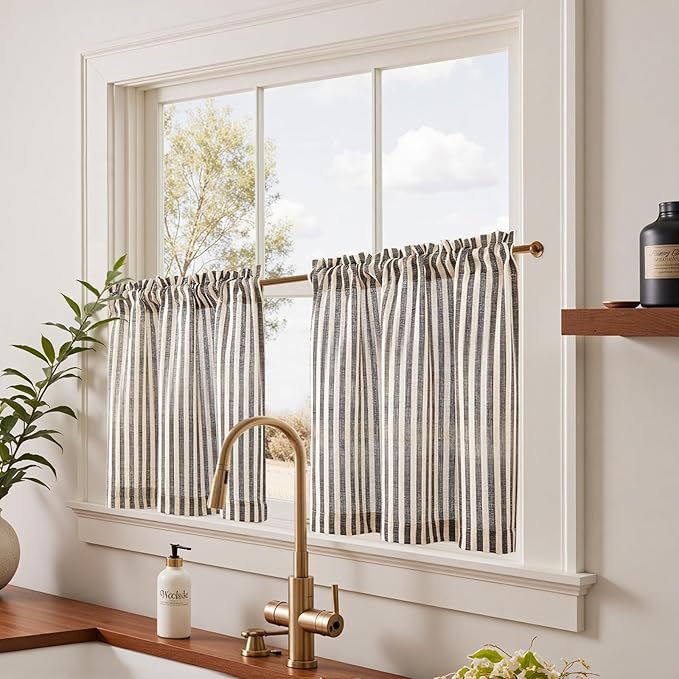 jinchan Striped Linen Kitchen Curtains 24 Inches Length Tier Curtains Farmhouse Modern Cafe Small Window Treatments Airy Light Filtering Rod Pocket for Living Room Bathroom 2 Panels Jet Black