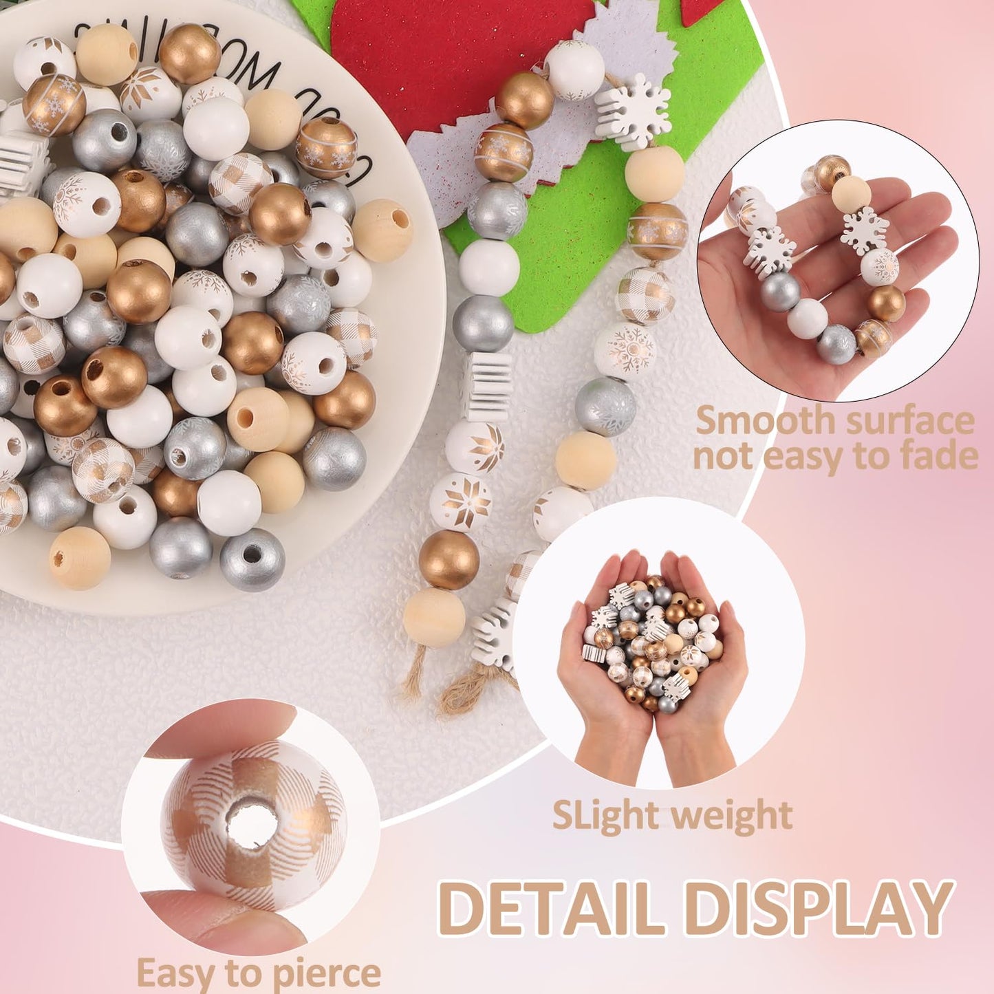 210 Pcs Golden Wood Beads Winter Gold Silver White Snowflake Wooden Craft Beads Bulk for Xmas DIY Garland Necklace Bracelet Jewelry Making Home Decor