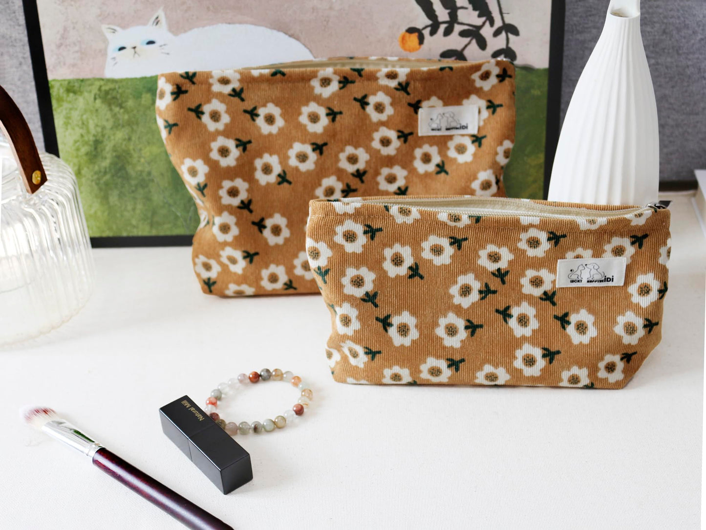 HAPPYHEIDI Floral Makeup Bag Set 3 Cosmetic Toiletry Organizer Zipper Pouch for Purse Tote, Women Girls Gift, Large Medium Small, Kihaki Brown Corduroy