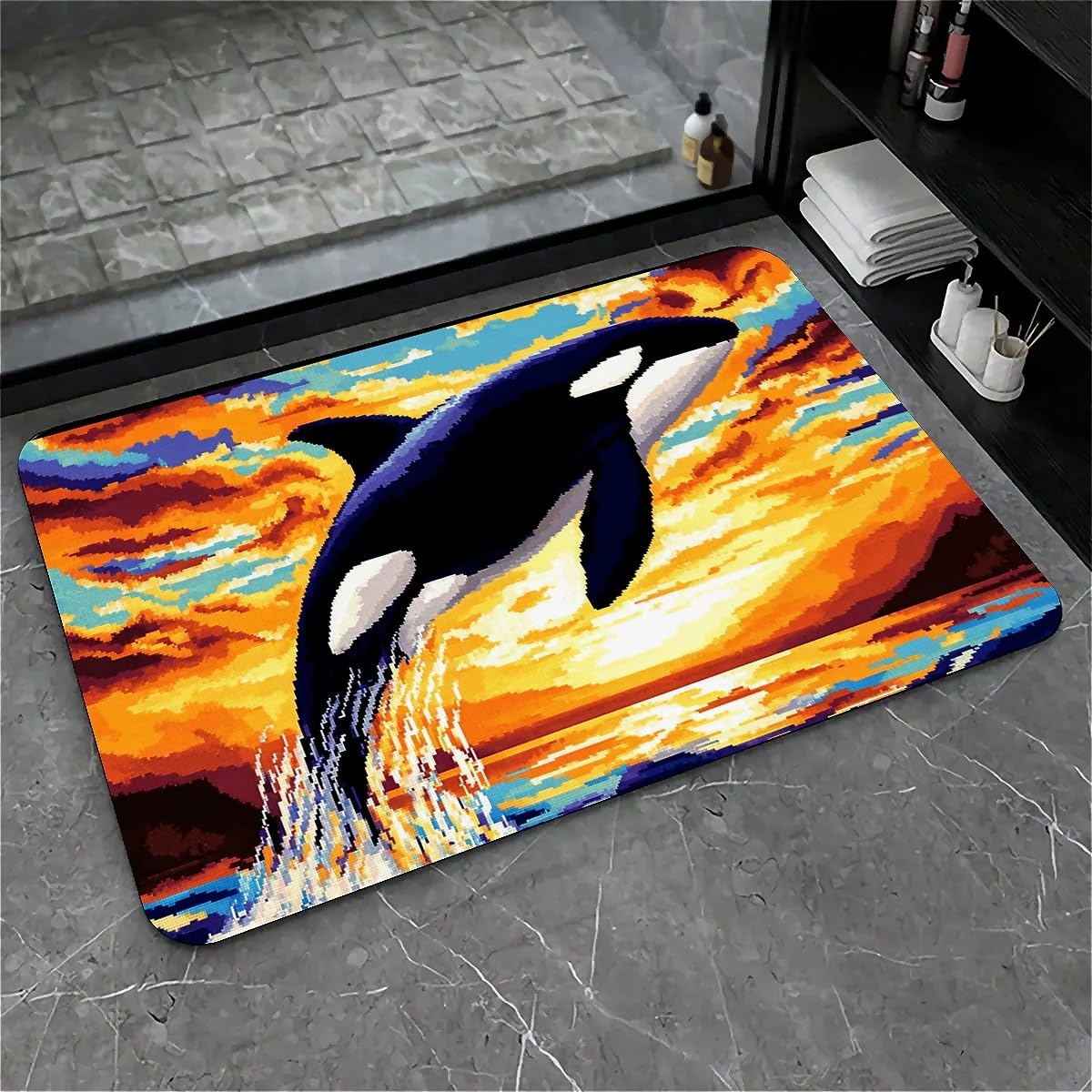 ZHUZHISHAN Bath Mat Rug,Mosaic orca Whale Non Slip Quick Dry Super Absorbent Thin Bathroom Rugs Fit Under Door-Easy to Clean Bathroom Floor Mats-Shower Rug for Shower Sink Bathtub(16" x 24"in)