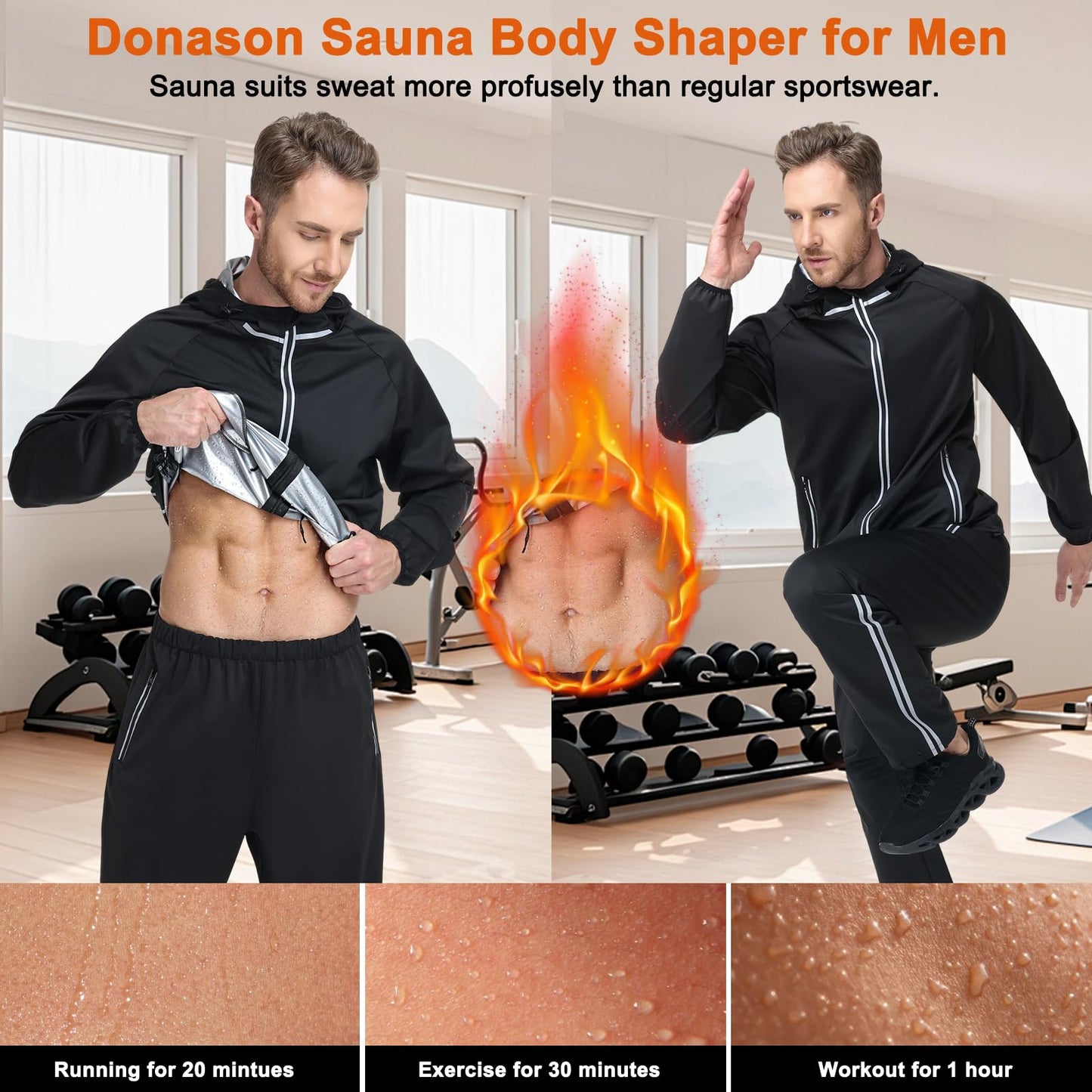 Donason Men's Sauna Suit Full Body Sweat Suit with Hood for Weight Loss Durable Jacket and Pants for Gym Workout Body Shaper Heat-Trapping Fitness Shapewear Long Sleeve Tracksuit with Zipper