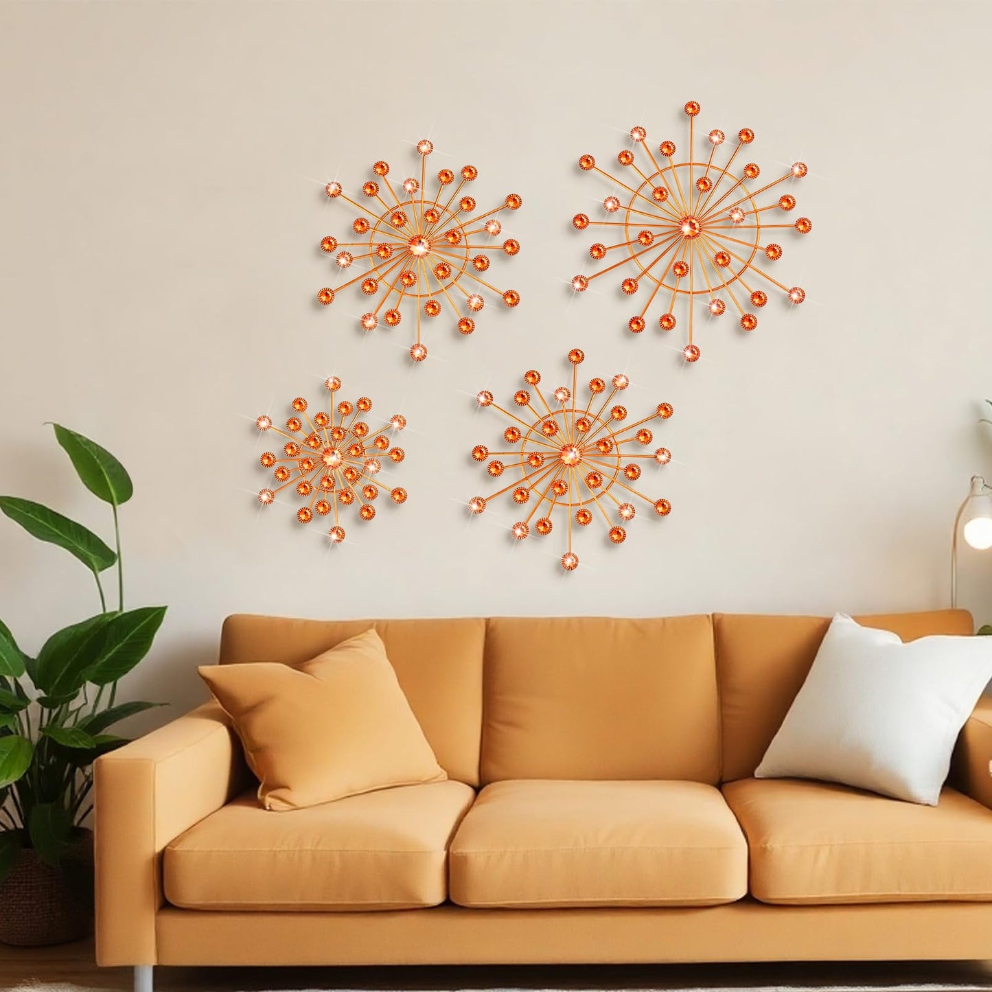 Blulu 4 Pcs Metal Wall Decor Bling Crystal Wall Art Cast Iron Rhinestones Sunburst Decor Starburst Art Hanging Diamond Accents Decorative for Living Room Bedroom Entryway (Orange)