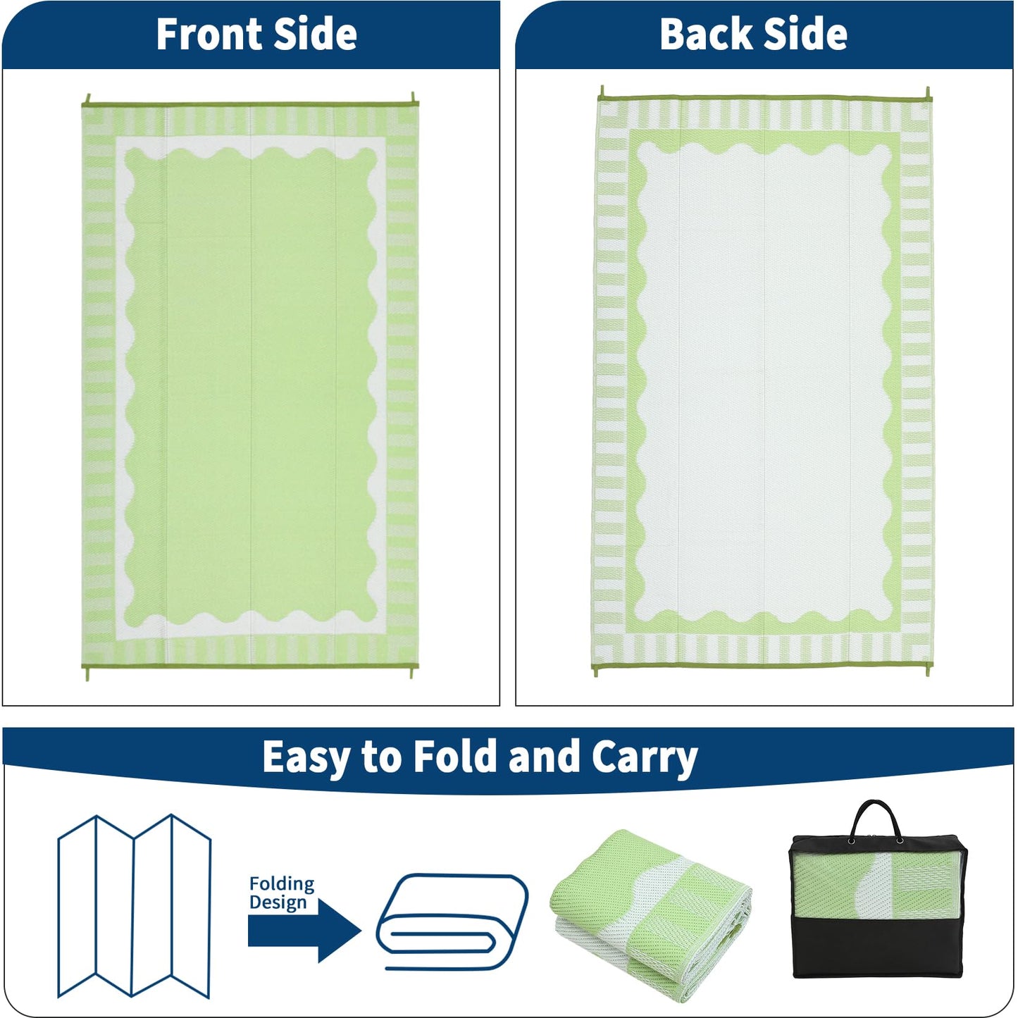 MilleLoom Outdoor Rug 9x12 Modern Scalloped Border Area Rugs for Indoor and Outdoor Patios and Porches - Waterproof, Washable, Non-Shedding, Easy-to-Clean Outside Carpet，Green/White