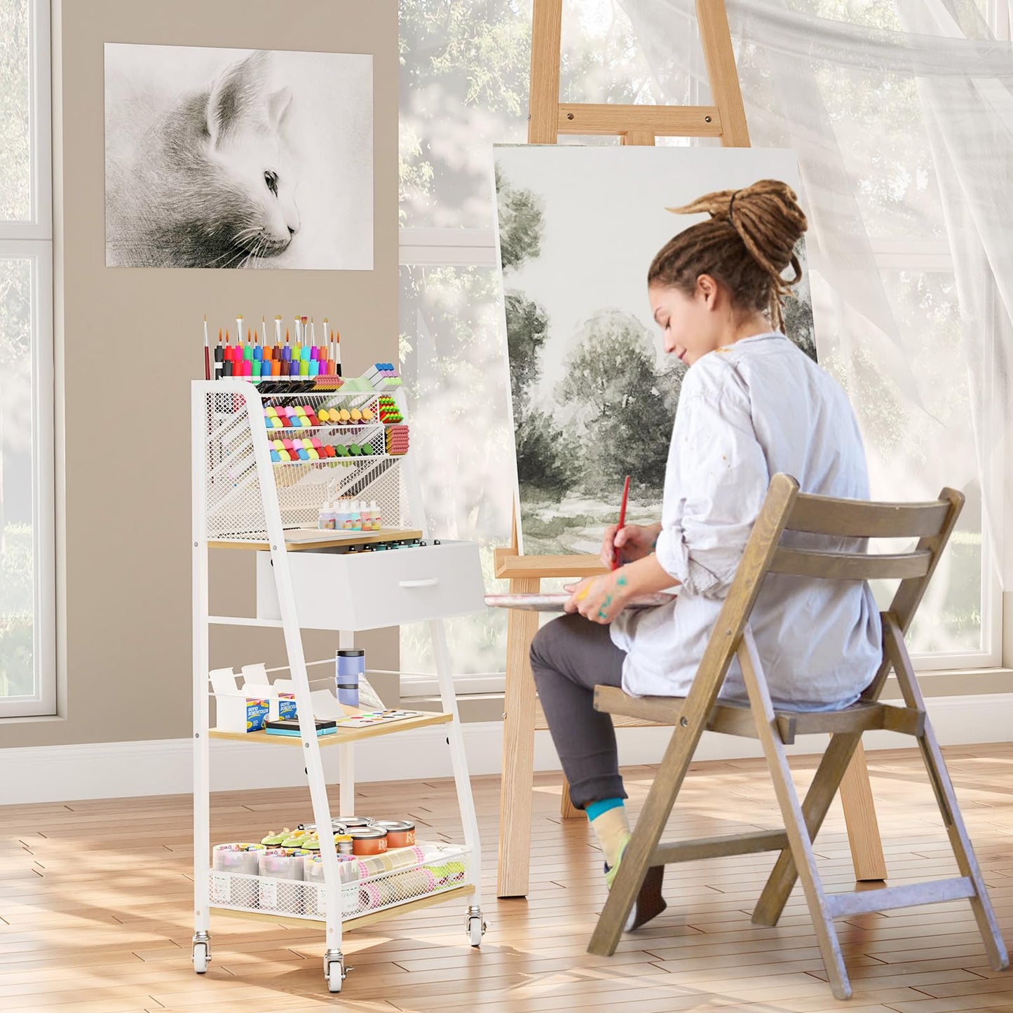 Homsorout 3 Tier Rolling Cart - Metal Utility Cart with Storage Drawer and Wheels, Versatile Art & Craft Organizer for Home, Office, or Studio - Ideal for Storing Brushes, Paints, and Supplies（Maple）