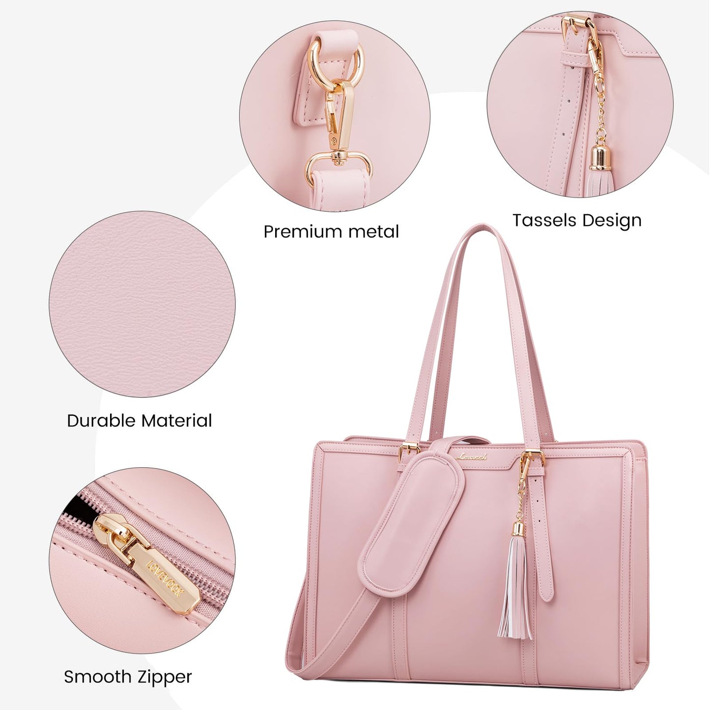 LOVEVOOK Laptop Bag for Women - 15.6 inch Lightweight PU Laptop Tote, Large Capacity Computer Bag with Clutch Purse for Business, Work, Office, Travel, Pink