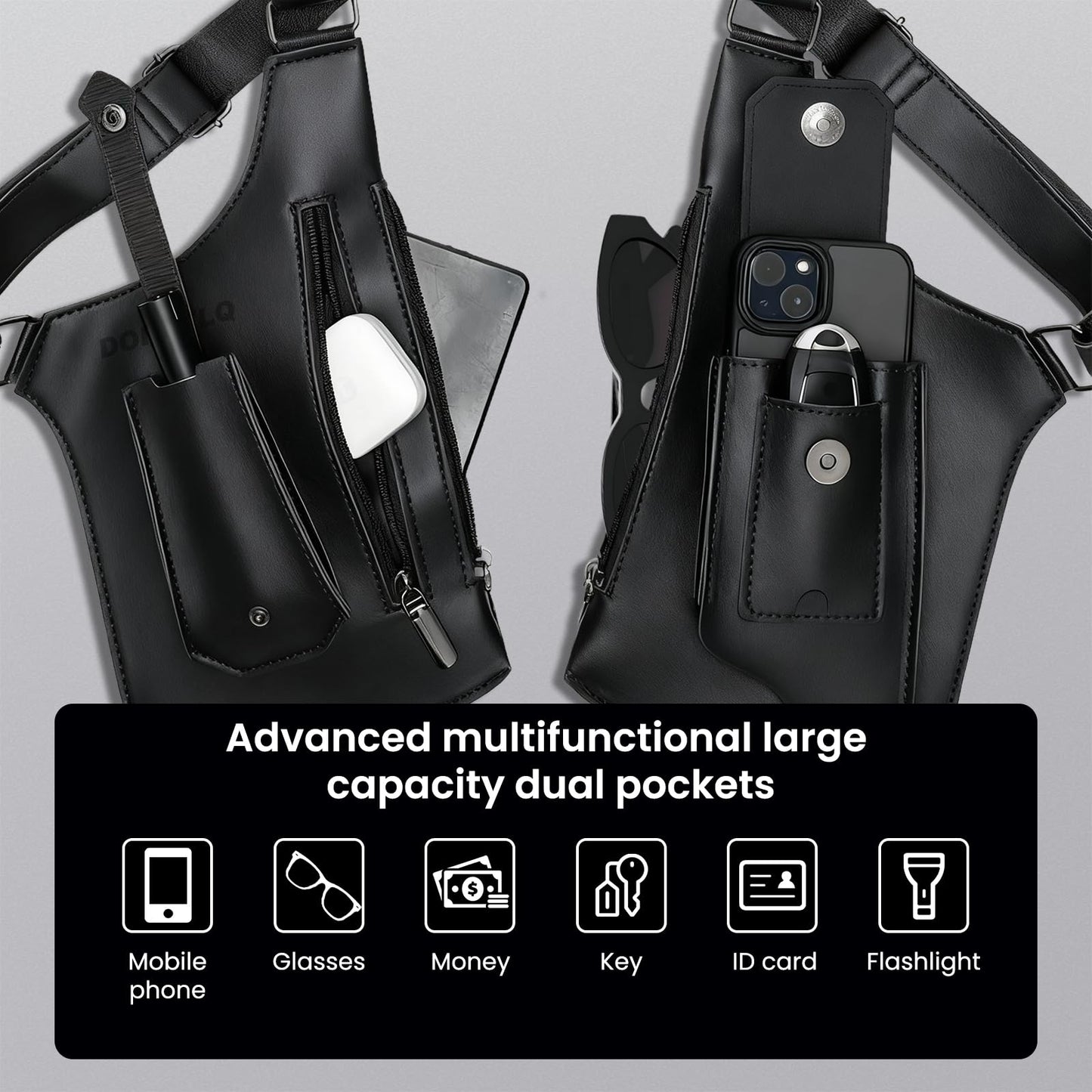 DOEUTLQ Leather Double Shoulder Armpit Bag for Men Underarm Concealed Rover The Holste Vest for Mens Adjustable Leather Bag (Black)