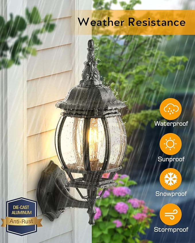 VIANIS Outdoor Garage Lights Wall Mount, Dusk to Dawn LED Outdoor Lighting Wall Lanterns for Porch, Black Exterior Light Fixture, Waterproof Outdoor Sconce Lights, Outside Light for House 2 Packs
