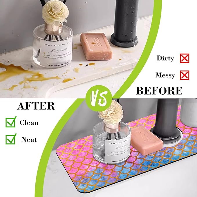 Sink Splash Guard Faucet Mat Watercolor Fish Scales Absorbent Fast Drying Mat