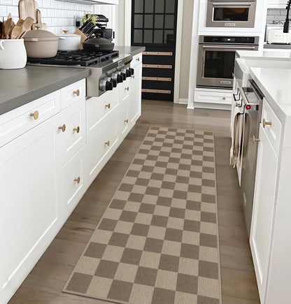 Rugalia Easy Jute Checkered Runner Rug, 2x6 Brown Modern Washable Rugs Runner for Hallway Non-Slip Kitchen Runner Rug, Farmhouse Checkerboard Indoor Outdoor Carpet for Porch Laundry Entryway
