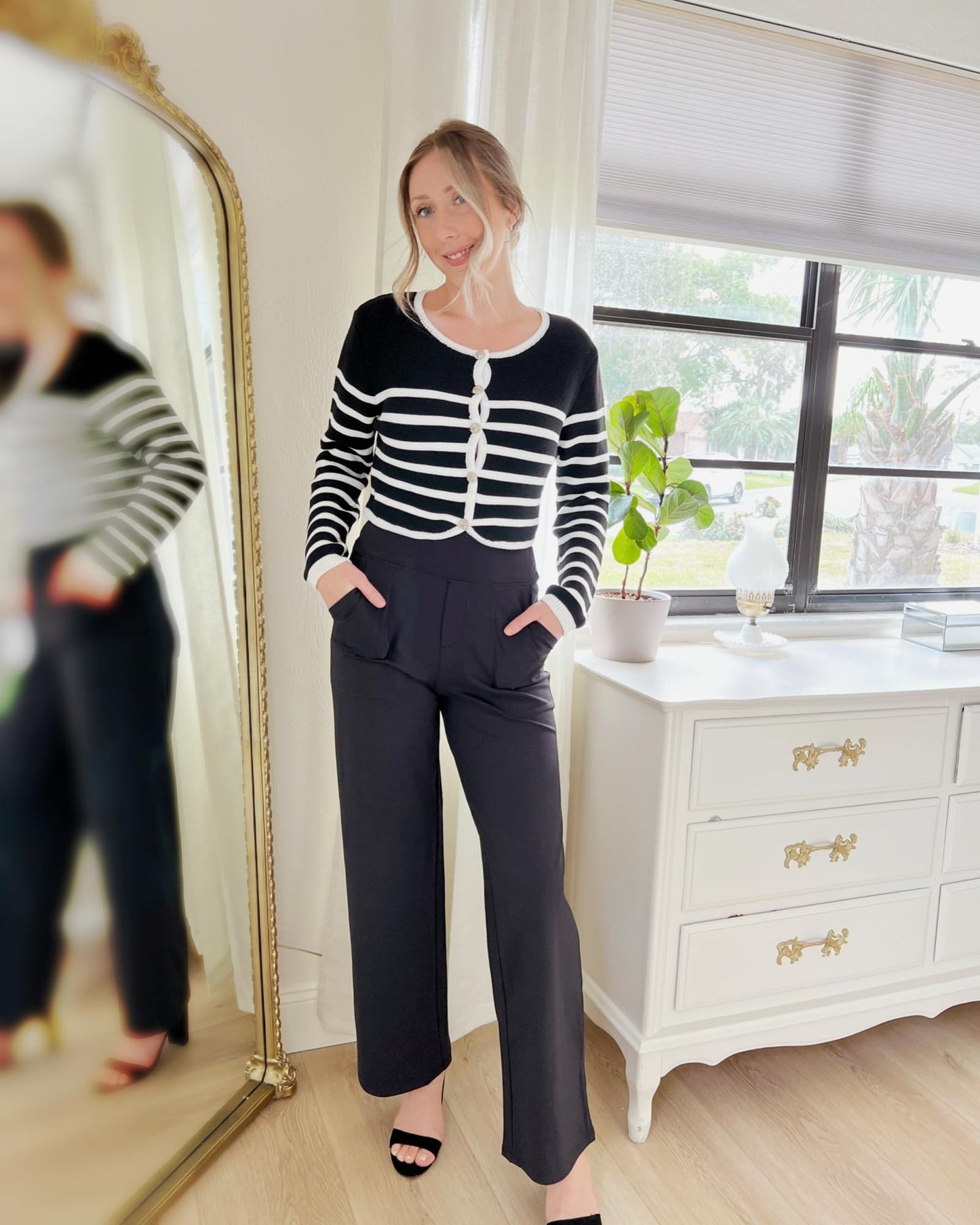 G4Free Petite Wide Leg Pants for Women Yoga Dress Pants with Pockets Straight Leg Sweatpants Stretch Business Casual Work Pants(Black,M,29")