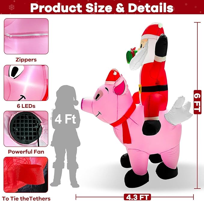 6 Ft Christmas Inflatable Outdoor Decoration, Blow Up Santa Claus Riding Flying Pig with Built in LEDs Lights,Christmas Inflatables with Gift Box for Farm Yard Garden Lawn Outside Indoor Holiday Party